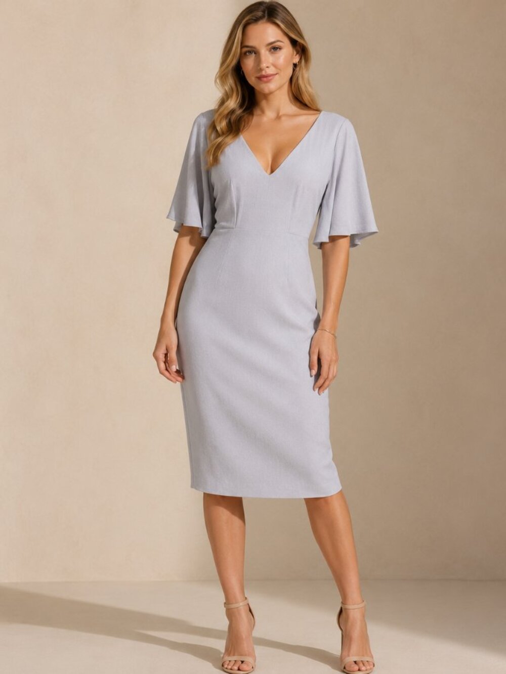 Dress the Population XS Louisa Flutter Sleeve Gray Dress Mini